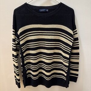 Polo Ralph Lauren Border Knit Sweater Women Size Medium Linen Black Beige